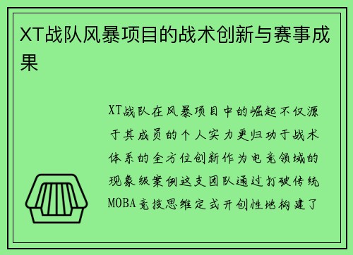 XT战队风暴项目的战术创新与赛事成果